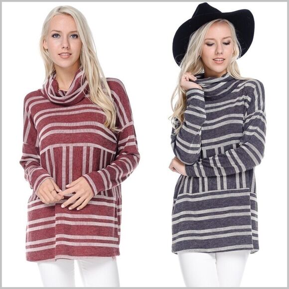 Burgundy Striped Turtleneck Pullover Top - Picture 5 of 8